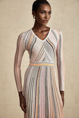 Augusta Midi Dress - V Neck - Metallic Threading - Vertical Stripes - Pleat Detailing - Elasticated Waistband