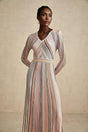 Augusta Midi Dress - V Neck - Metallic Threading - Vertical Stripes - Pleat Detailing - Elasticated Waistband