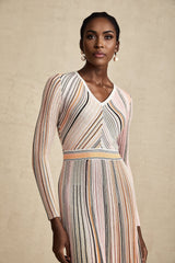 Augusta Midi Dress - V Neck - Metallic Threading - Vertical Stripes - Pleat Detailing - Elasticated Waistband