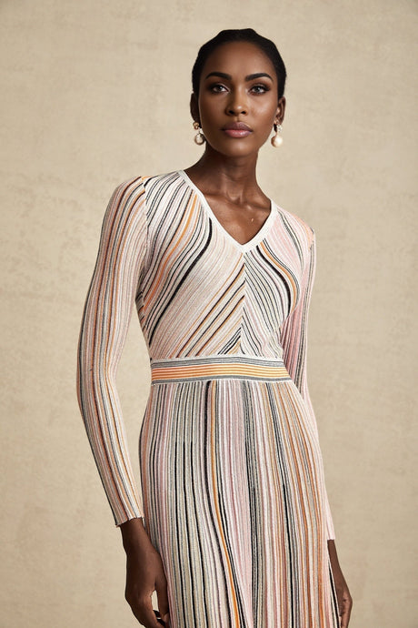Augusta Midi Dress - V Neck - Metallic Threading - Vertical Stripes - Pleat Detailing - Elasticated Waistband