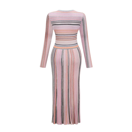 Augusta Midi Dress - V Neck - Metallic Threading - Vertical Stripes - Pleat Detailing - Elasticated Waistband