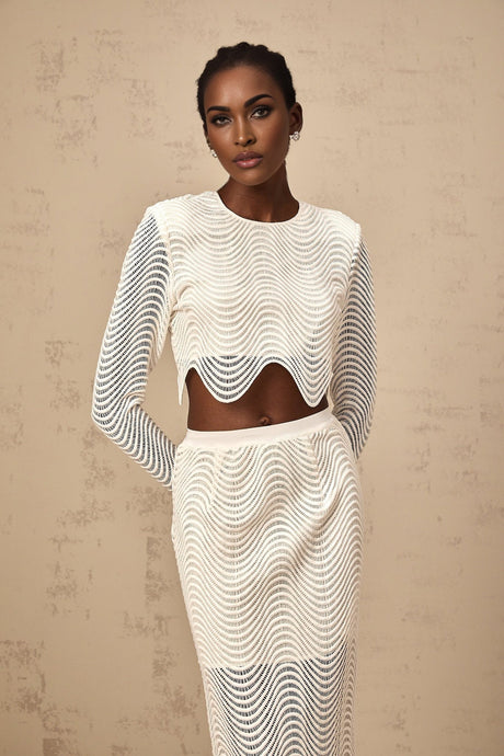 Augusta Skirt & Top Set - Wavy Woven Design - Openwork Detail - Scallop Hem - Cropped Length