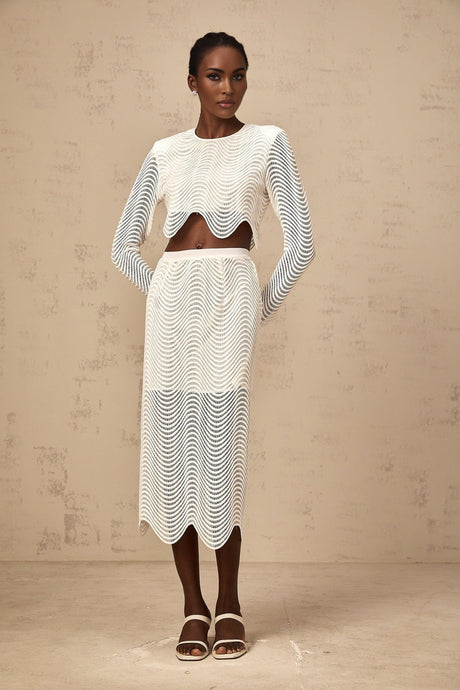 Augusta Skirt & Top Set - Wavy Woven Design - Openwork Detail - Scallop Hem - Cropped Length