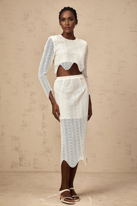 Augusta Skirt & Top Set - Wavy Woven Design - Openwork Detail - Scallop Hem - Cropped Length