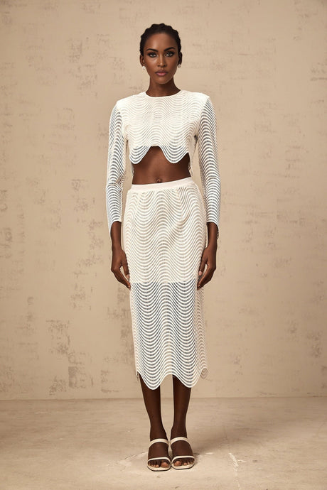 Augusta Skirt & Top Set - Wavy Woven Design - Openwork Detail - Scallop Hem - Cropped Length