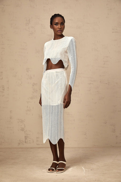 Augusta Skirt & Top Set - Wavy Woven Design - Openwork Detail - Scallop Hem - Cropped Length