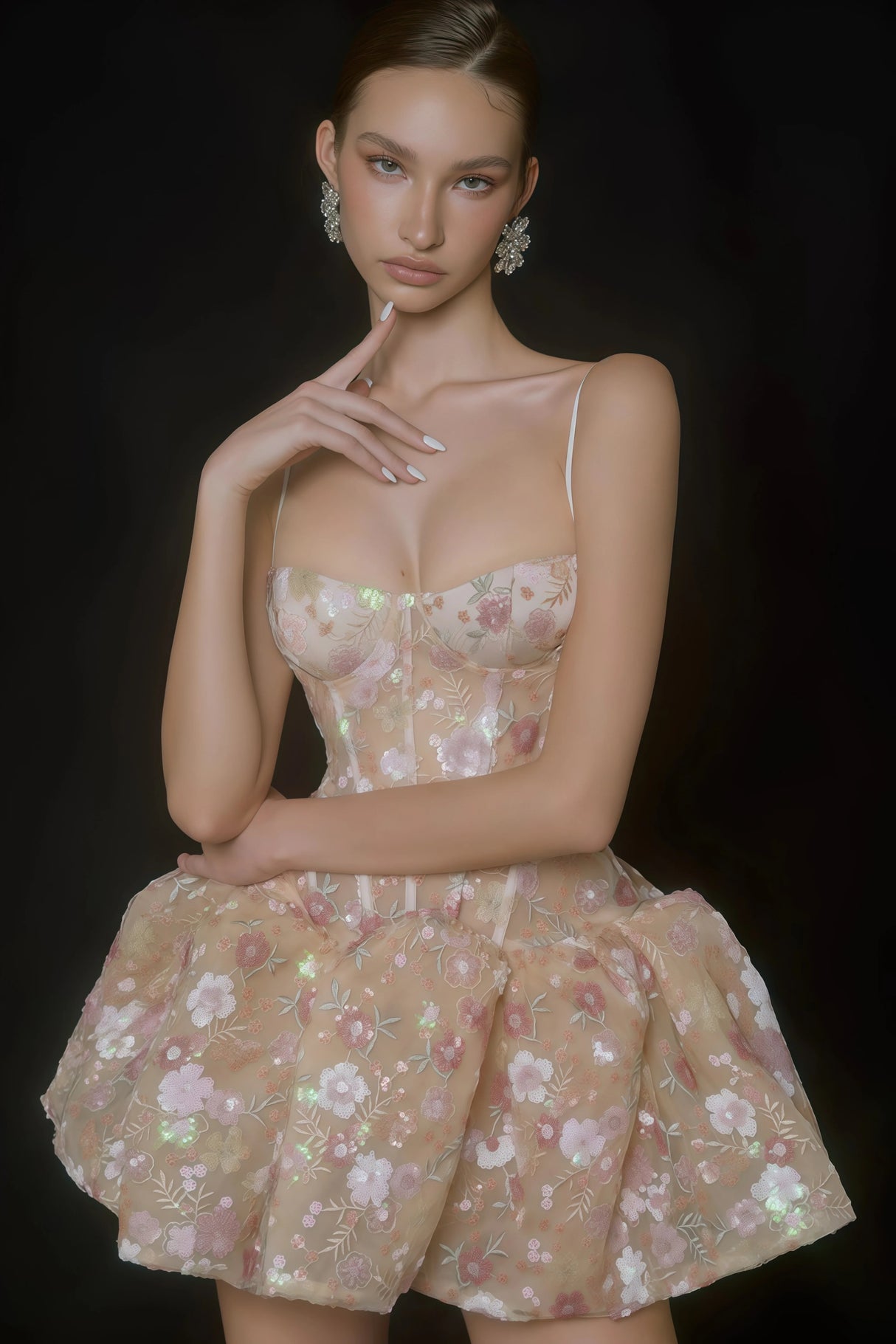 Aureliana Nude Floral Embroidered Sequin Mini Dress