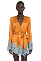 Aurelie Brown Satin Wrap Mini Dress with Lace