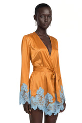 Aurelie Brown Satin Wrap Mini Dress with Lace