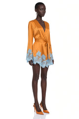 Aurelie Brown Satin Wrap Mini Dress with Lace