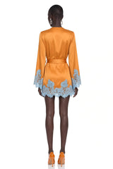 Aurelie Brown Satin Wrap Mini Dress with Lace