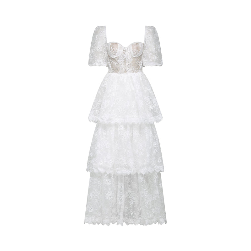 Aurélie Midi Dress - Puff Sleeves - Bustier Style - Lace Trim - Tiered Design - Back Zipper