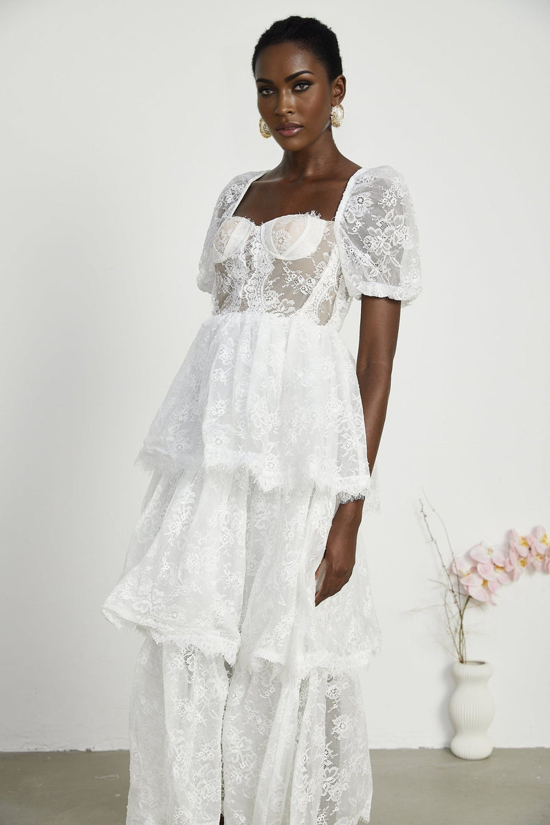 Aurélie Midi Dress - Puff Sleeves - Bustier Style - Lace Trim - Tiered Design - Back Zipper