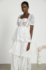 Aurélie Midi Dress - Puff Sleeves - Bustier Style - Lace Trim - Tiered Design - Back Zipper