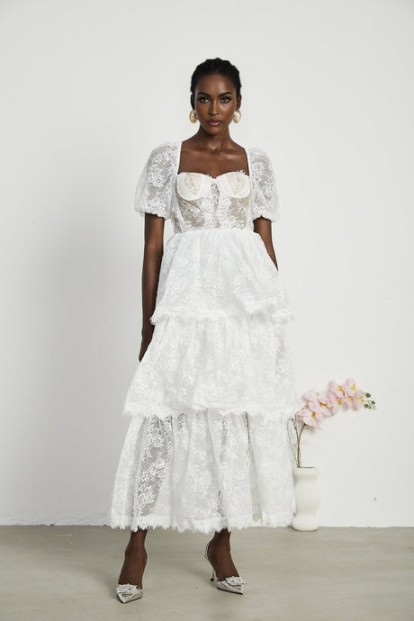 Aurélie Midi Dress - Puff Sleeves - Bustier Style - Lace Trim - Tiered Design - Back Zipper