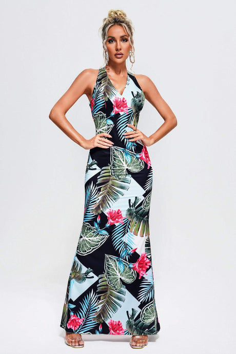 Aurora Blue Tropical Print Maxi Dress