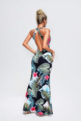 Aurora Blue Tropical Print Maxi Dress