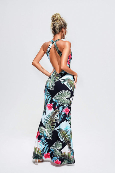 Aurora Blue Tropical Print Maxi Dress
