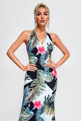 Aurora Blue Tropical Print Maxi Dress