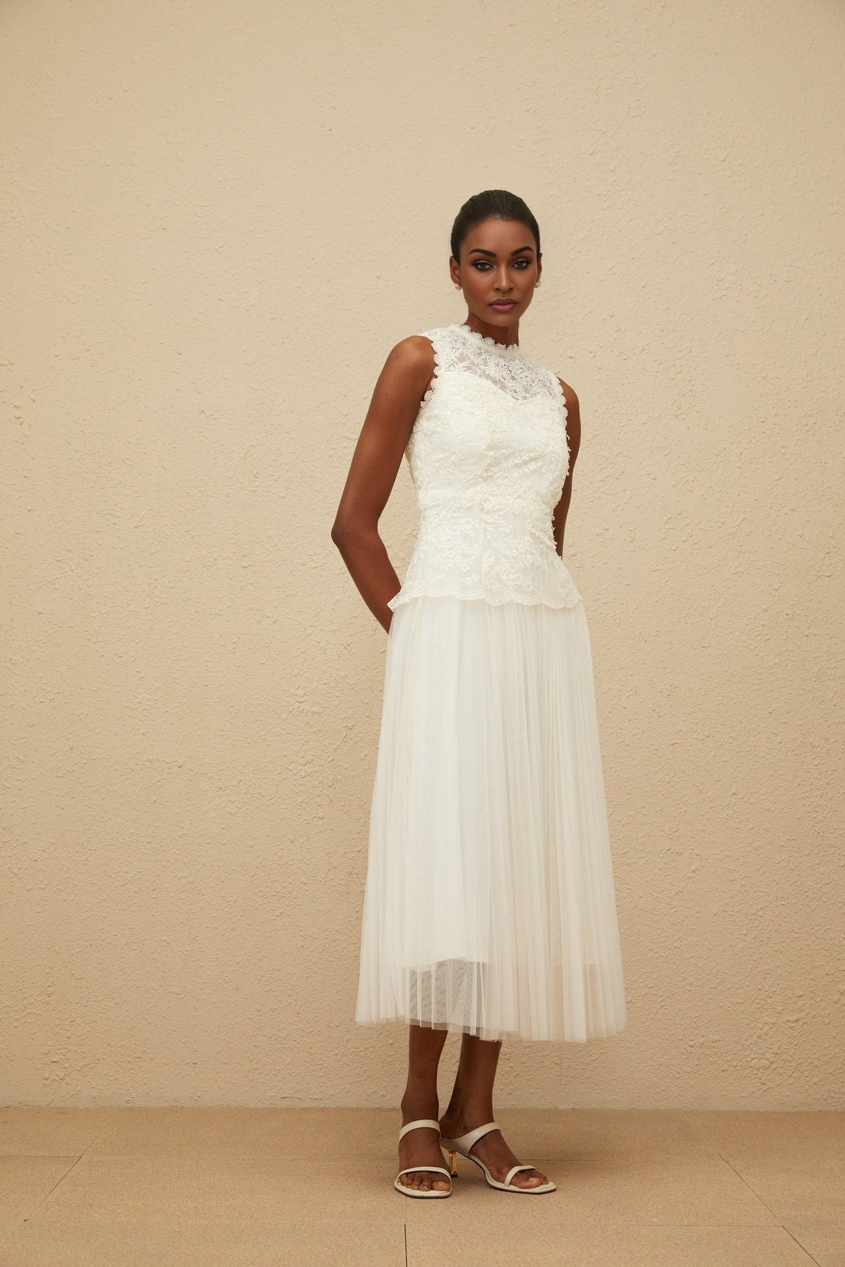 Aurora Midi Dress - Peplum Waist - Floral Lace - Sequin Detailing - Scallop Hem - Rear Zip Fastening