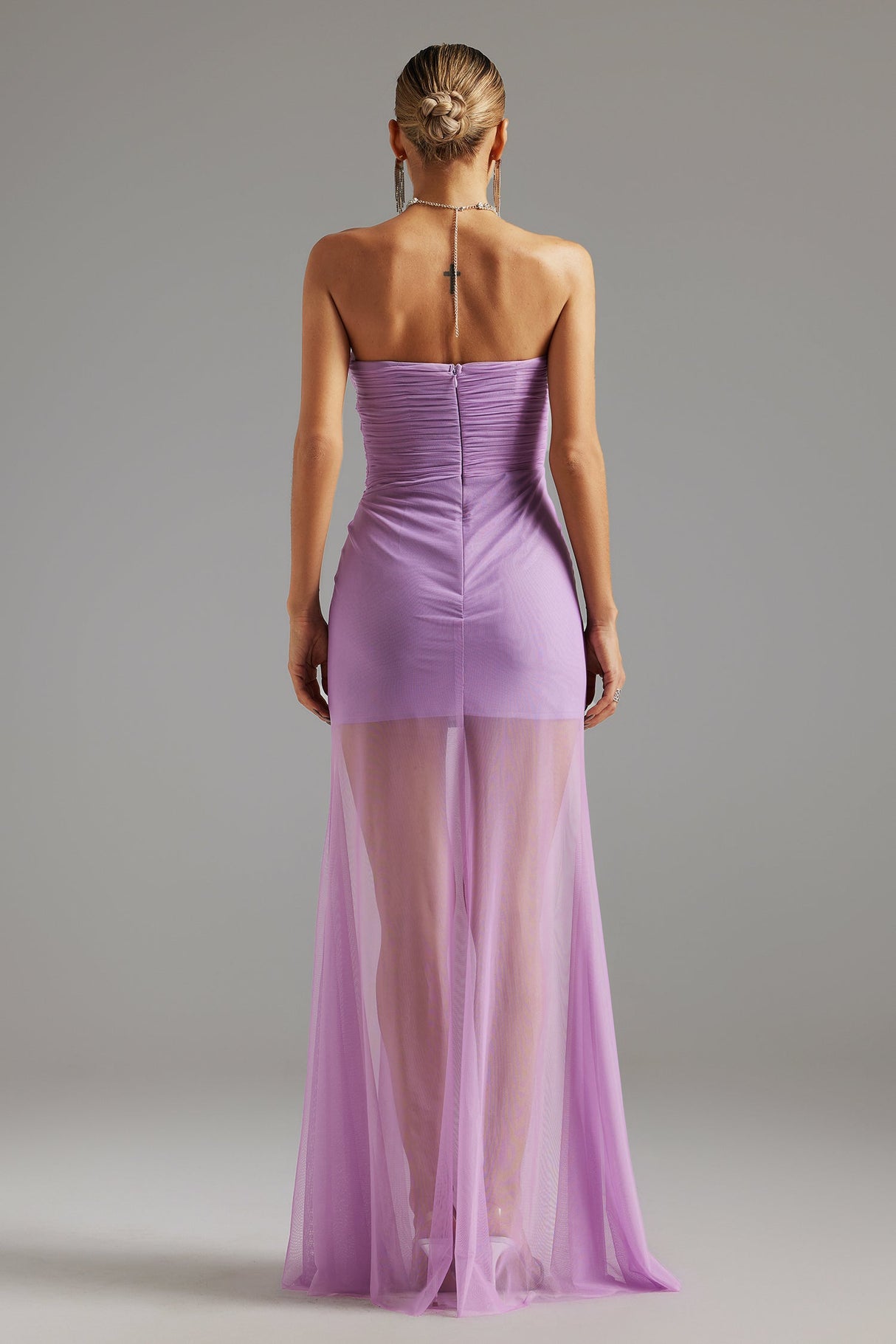Aurora Purple Strapless Ruched Maxi Dress Lightweight Fabric Sheer Overlay Formal Summer Soirees Wedding Gala