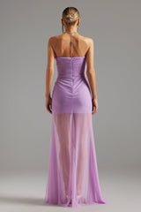 Aurora Purple Strapless Ruched Maxi Dress Lightweight Fabric Sheer Overlay Formal Summer Soirees Wedding Gala