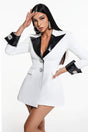 Aurora White Blazer Dress with Black Lapels and Cuffs