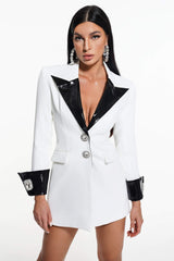 Aurora White Blazer Dress with Black Lapels and Cuffs V-Neckline Button Detailing Cocktail Party Formal Event