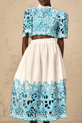 Aurore blue matching set featuring a cut out top and skirt with embroidery details