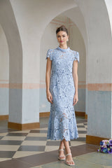 Aurore blue midi dress with delicate floral lace applique detailing