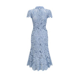 Aurore blue midi dress with delicate floral lace applique details and feminine silhouette