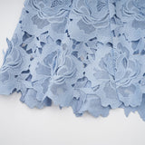 Aurore blue midi dress with delicate floral lace appliques covering the bodice and skirt