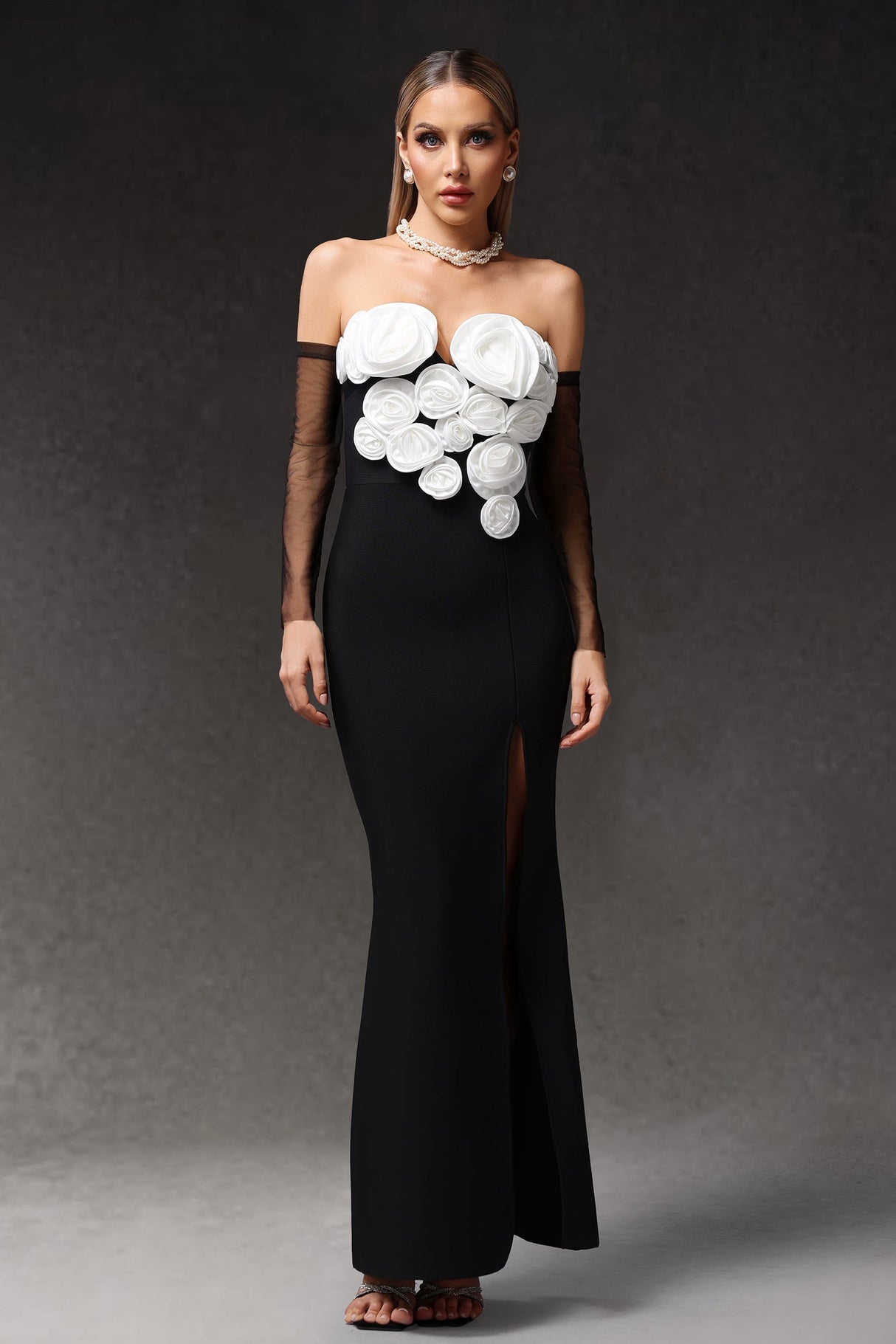 Autumn Black Floral Off-Shoulder Dress with Side Slit and Sheer Sleeves