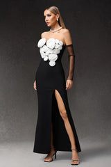 Autumn Black Floral Off-Shoulder Long Sleeve Evening Dress