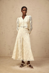 Autumn Blouse & Trousers Set Neutrals Floral - Lace Peplum & Wide Leg
