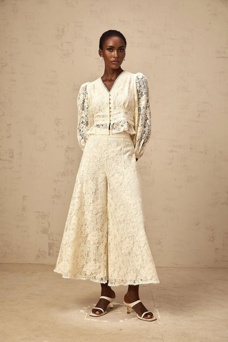 Autumn Blouse & Trousers Set Neutrals Floral - Lace Peplum & Wide Leg