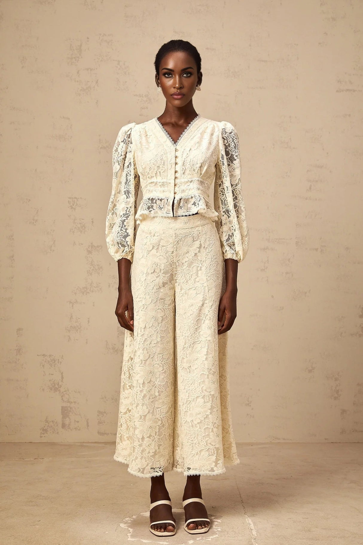 Autumn Blouse & Trousers Set Neutrals Floral - Lace Peplum & Wide Leg