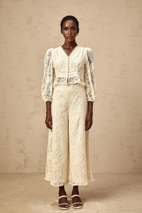 Autumn Blouse & Trousers Set Neutrals Floral - Lace Peplum & Wide Leg