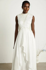 Autumn Maxi Dress - Sleeveless - Open Neck & Back - Faux Pearl Embellishment - Pleat Detailing - Layered Design