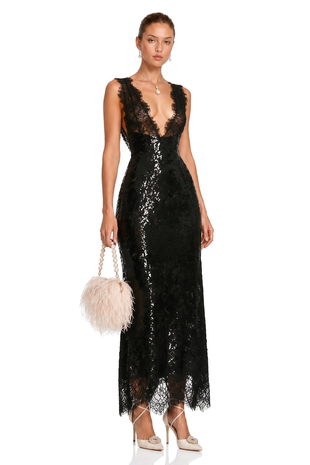 Ava Black Lace Panel Sequined Maxi Dress