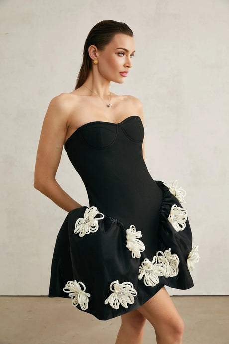 Ava Mini Dress - Sleeveless Off the Shoulder Bustier Style with Floral Appliqu and Crystal Embellishment