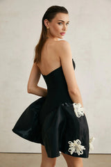 Ava Mini Dress - Sleeveless Off the Shoulder Bustier Style with Floral Appliqu and Crystal Embellishment