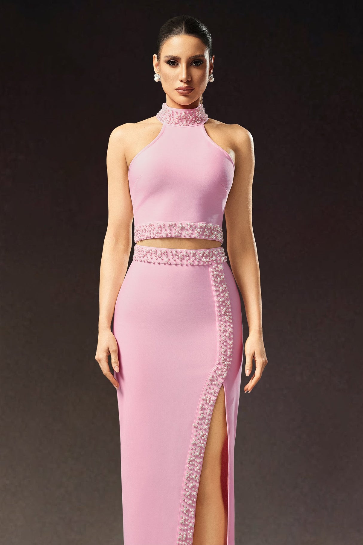 Ava Pink Bandage Halter Neck Dress with Chic Slit and Intricate Embellishments