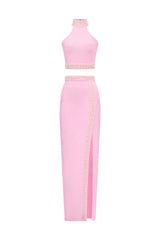 Ava Pink Bandage Halter Neck Dress with Chic Slit for Evening Events or Special Occasions