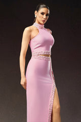 Ava Pink Bandage Style Halter Neck Dress with Chic Slit and Intricate Embellishments
