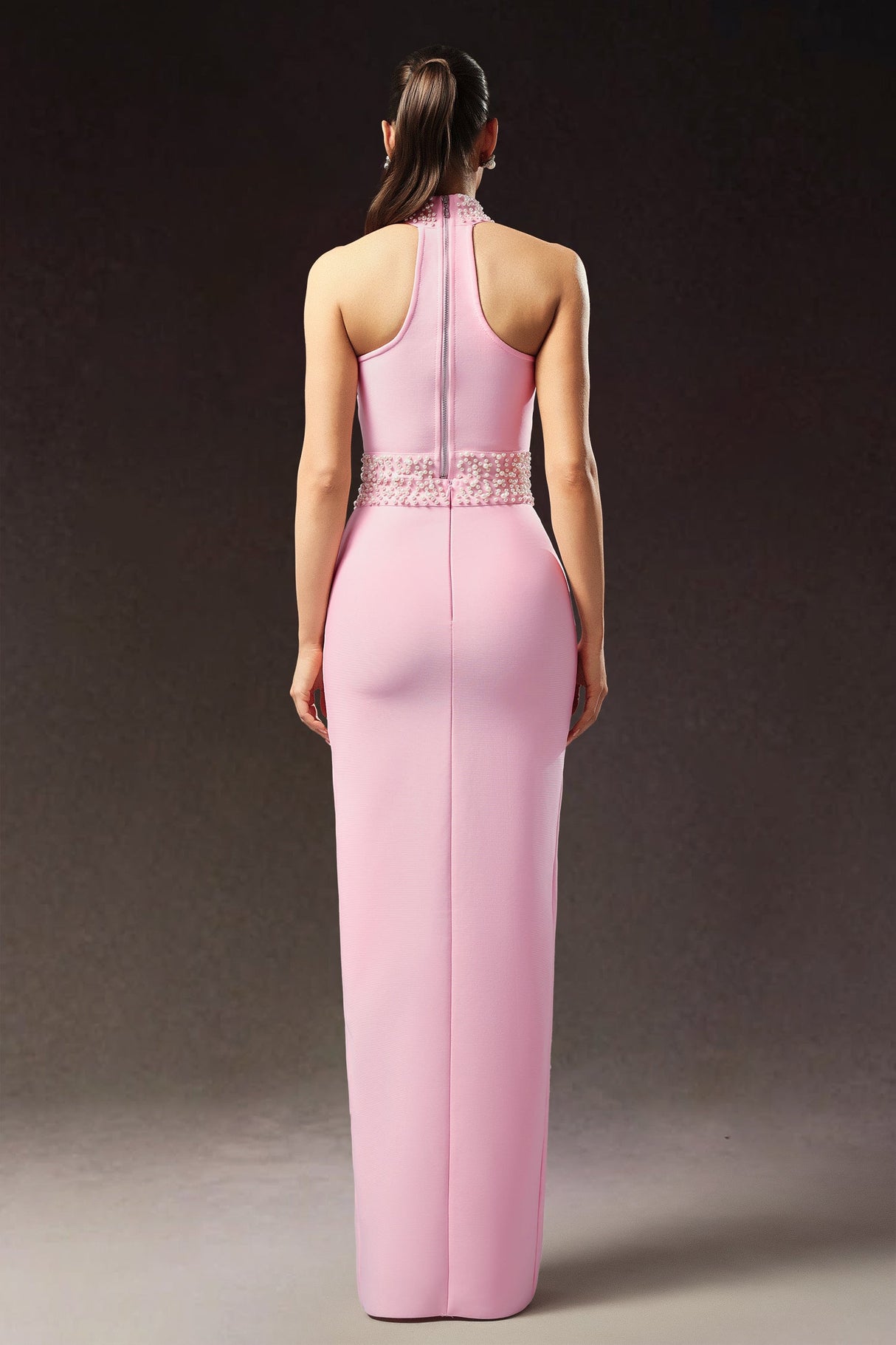 Ava Pink Bandage Style Halter Neck Dress with Chic Slit and Intricate Embellishments