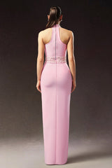 Ava Pink Bandage Style Halter Neck Dress with Chic Slit and Intricate Embellishments