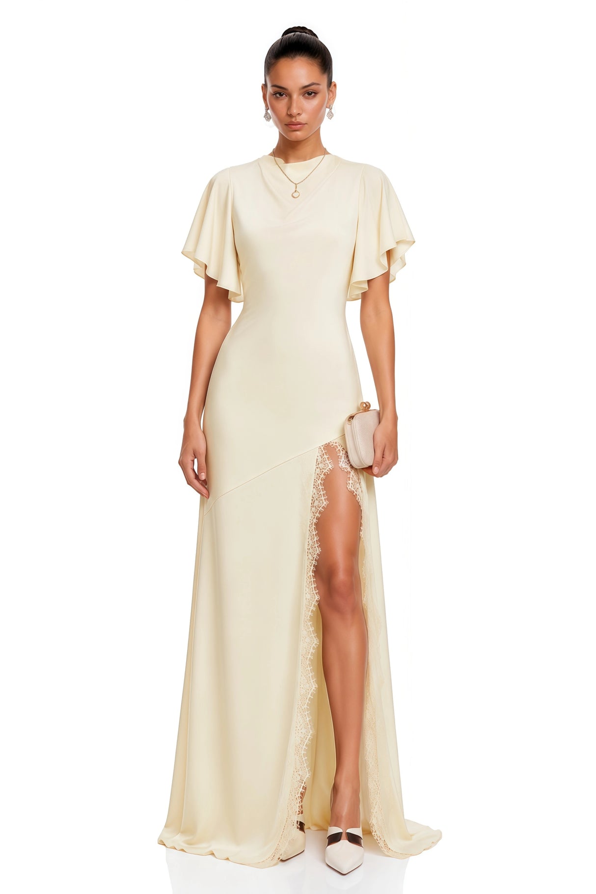 Aveline White Short Sleeves Maxi Dress with Slit