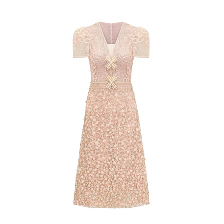 Avery Midi Dress Neutrals Crochet Faux - Flower & Bead