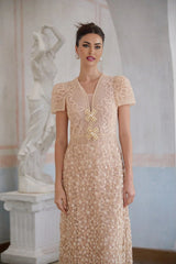 Avery Midi Dress Neutrals Crochet Faux - Flower & Bead